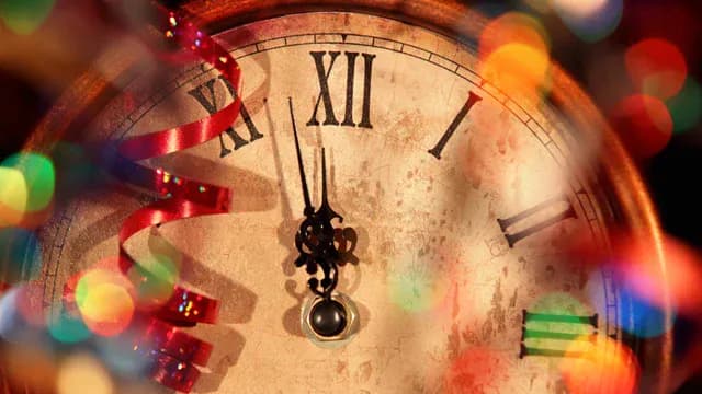 Clock approaching midnight with festive lights